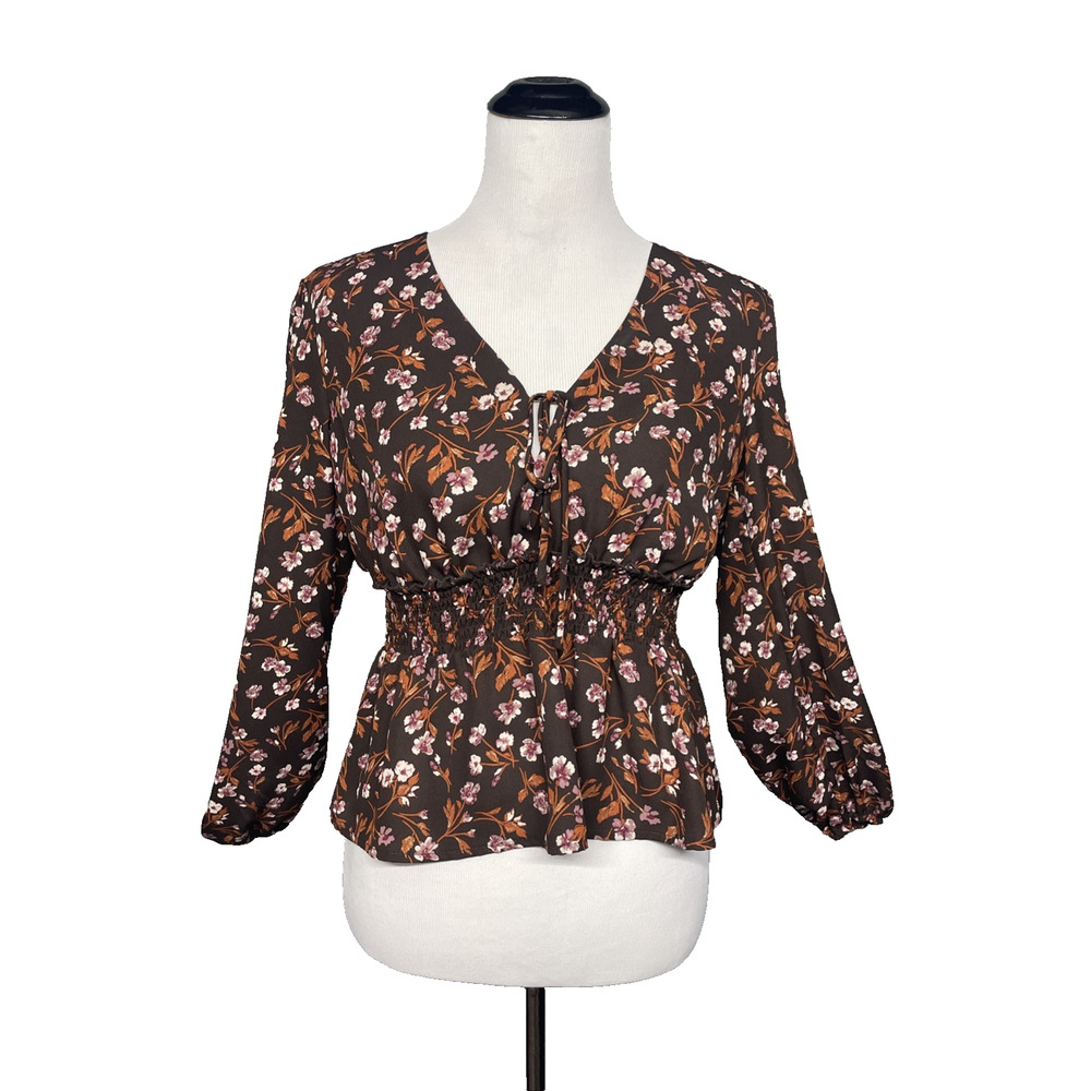 Jane & Hudson Womens SM Brown Floral Peplum Top Smocked Waist Long Slv Baby Doll